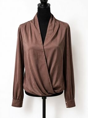 bebe Brown Satin Wrap Surplice Blouse Long Sleeve Small